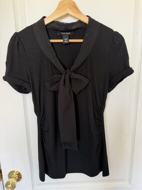 White House Black Market Black Bow-Neck Short Sleeve Blouse